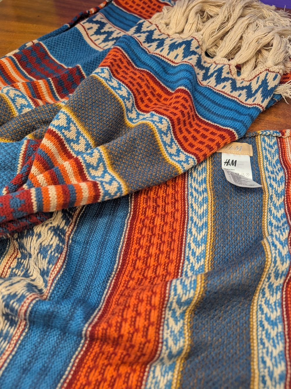 H&M Southwestern Blanket Scarf Blue Rust Geometric Bohemian Fringe